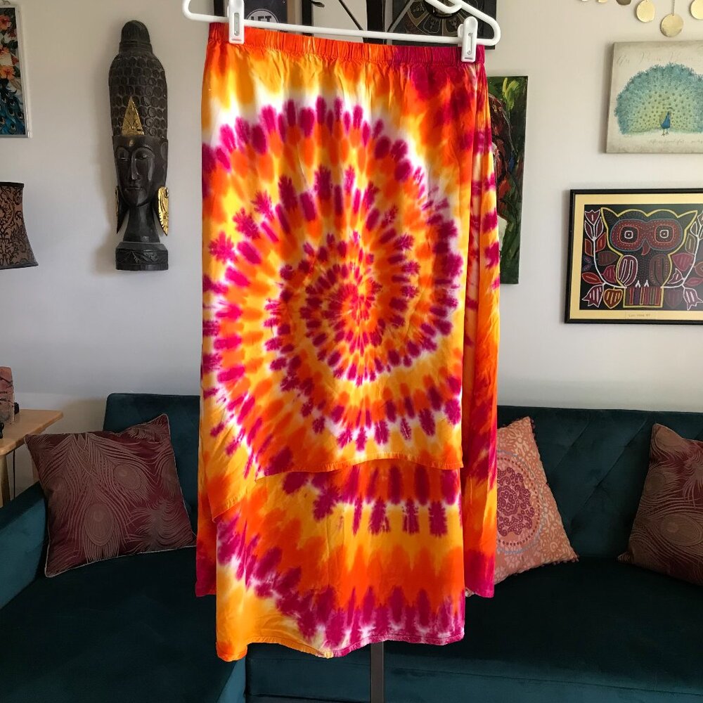 DHARMA Trading CO size S Orange Pink & Yellow Tie Dye Rayon Long Skirt